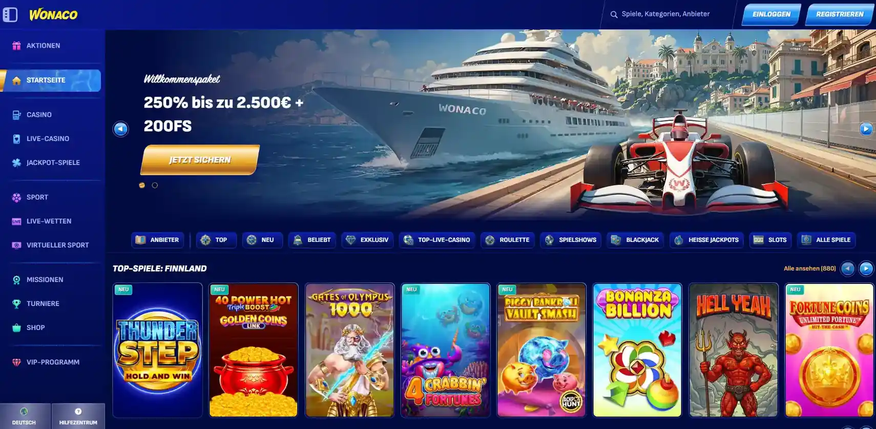 Aktuelle Ansicht der deutschen Wonaco Startseite oder Casino Lobby